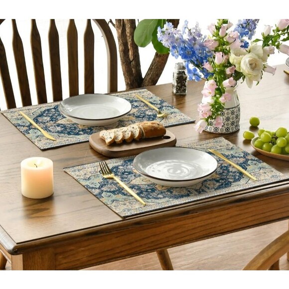 4 Piece Placemat Set 12x18in Woven Polyester Blue Boho - Picture 2 of 3
